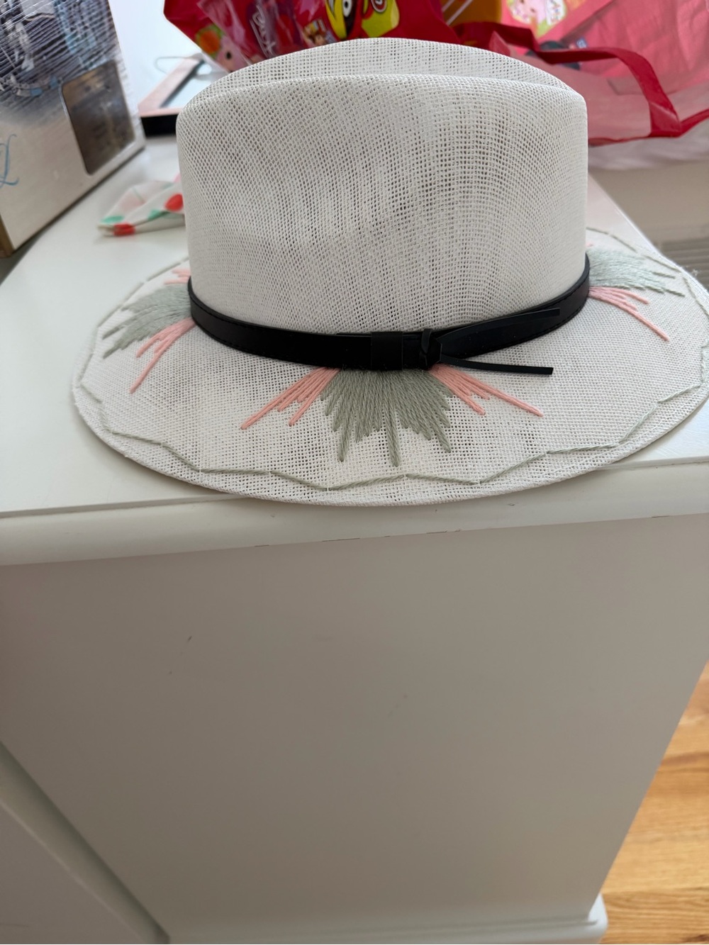 Women's White Embroidered Straw Sun Hat with Black Band